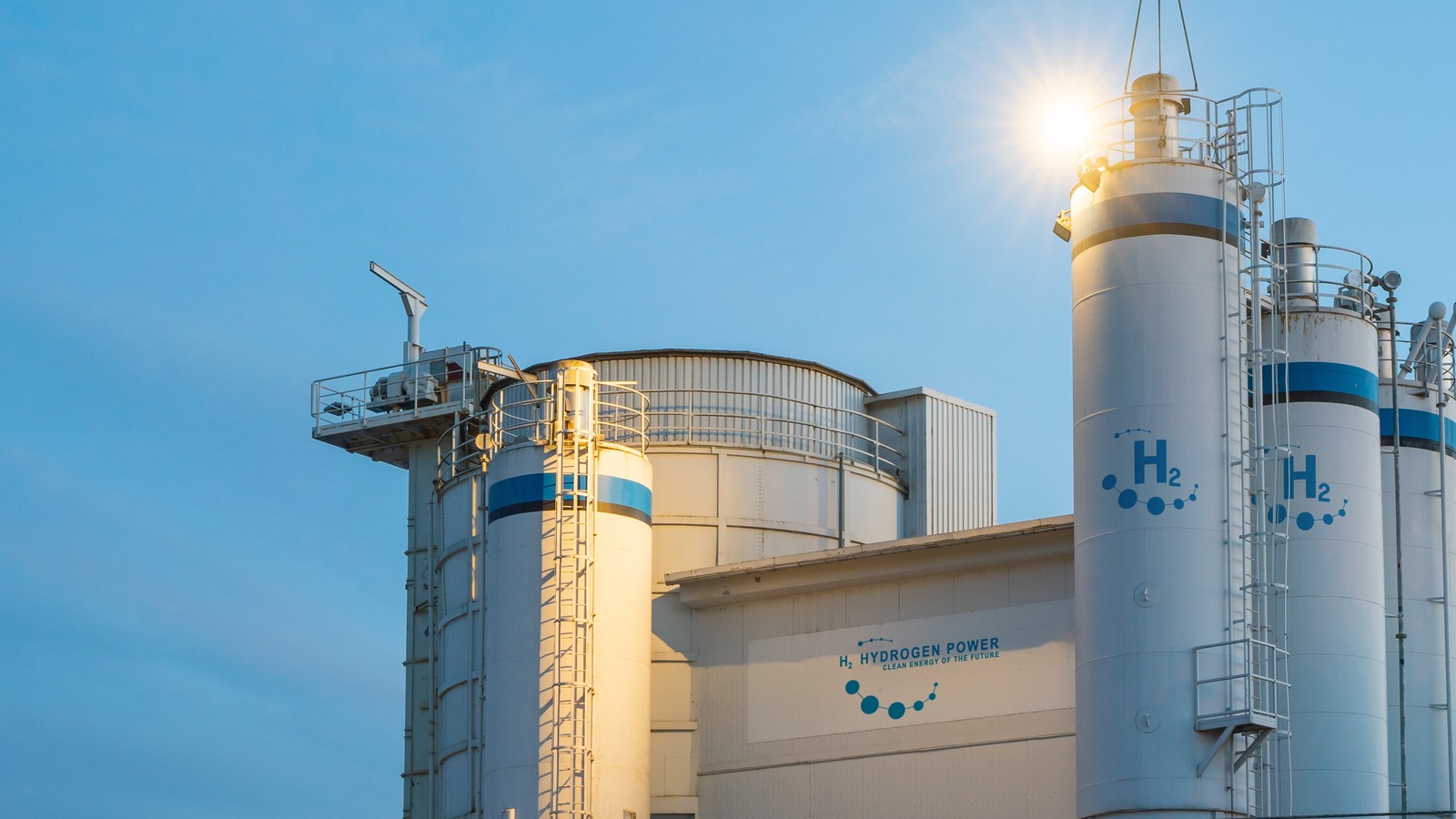 a large white building with blue and white stripes