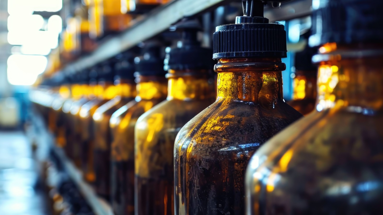 a row of brown bottles with black caps
