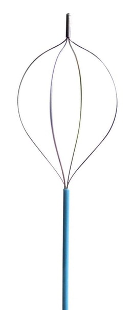 a wire whisk with a blue handle
