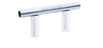 a metal pipe on a white pedestal