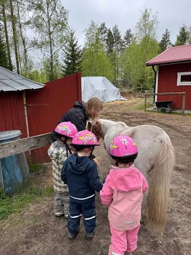 en grupp barn med hjälmar som står bredvid en häst