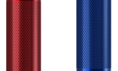 a red and blue cylindrical objects