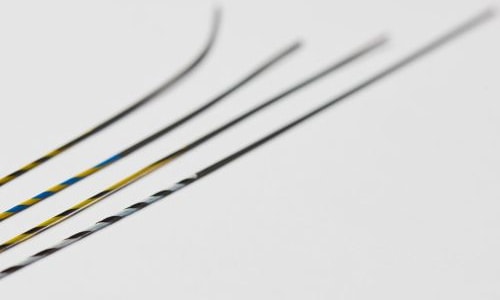 a close-up of several thin black and yellow sticks