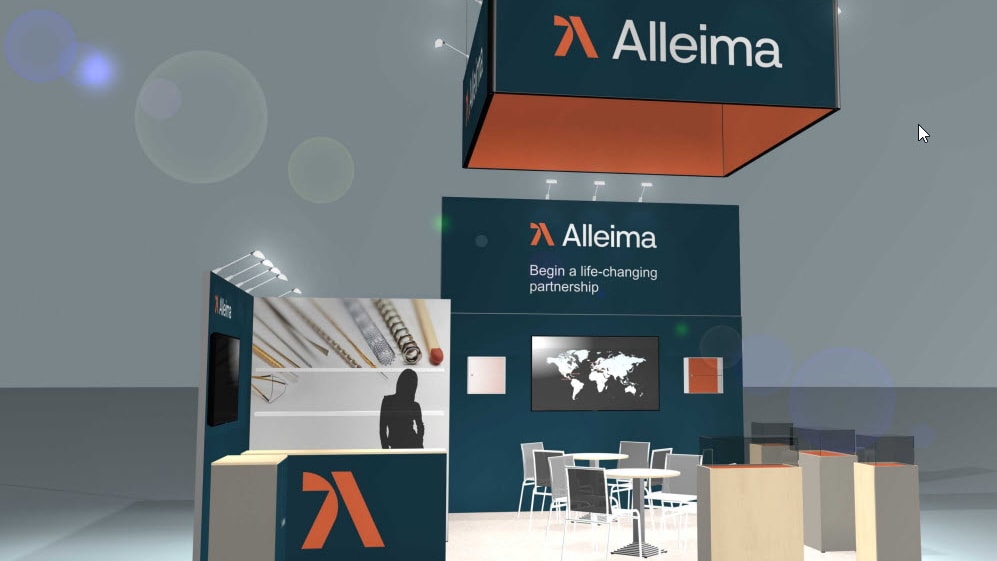 a booth with a sign and a table